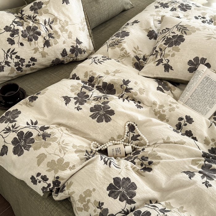 91家纺网 家纺一手货源 找家纺 桔禾家纺 2026新款提花高克重原麻复古水洗亚麻皱皱纱印花四件套 绿幸