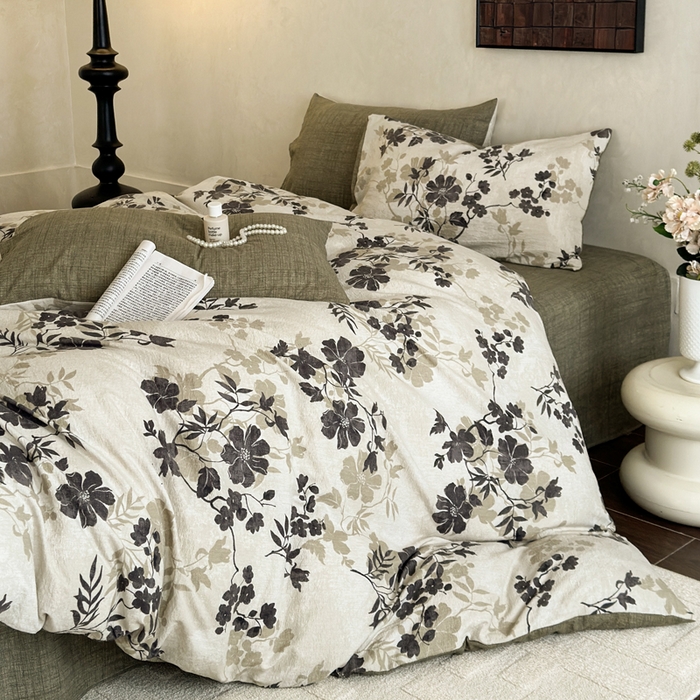 91家纺网 家纺一手货源 找家纺 桔禾家纺 2026新款提花高克重原麻复古水洗亚麻皱皱纱印花四件套 绿幸