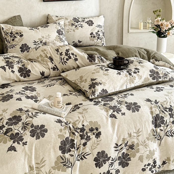 91家纺网 家纺一手货源 找家纺 桔禾家纺 2026新款提花高克重原麻复古水洗亚麻皱皱纱印花四件套 绿幸