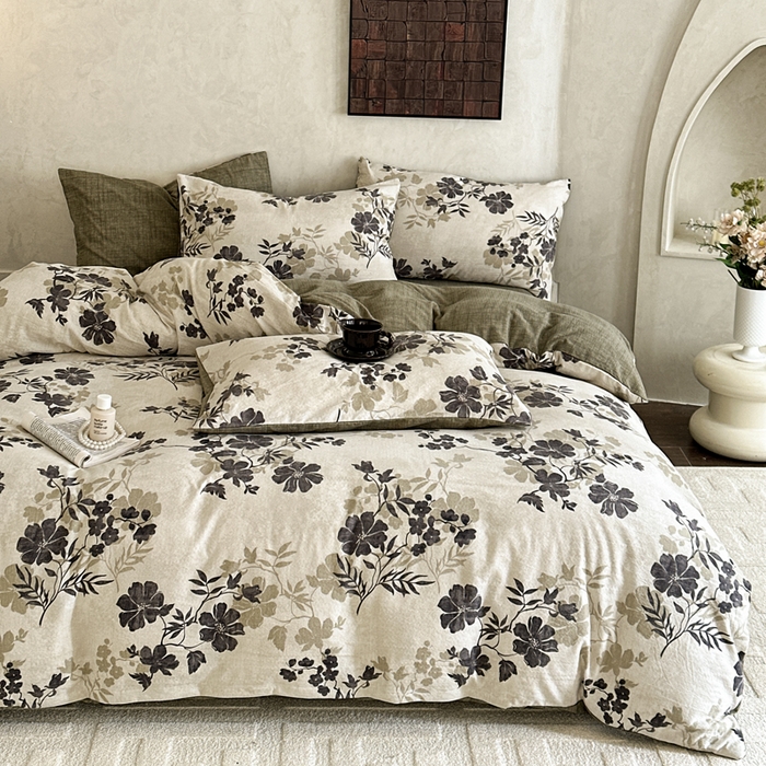 91家纺网 家纺一手货源 找家纺 桔禾家纺 2026新款提花高克重原麻复古水洗亚麻皱皱纱印花四件套 绿幸