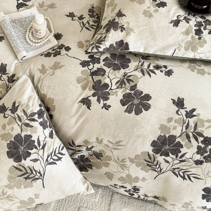 91家纺网 家纺一手货源 找家纺 桔禾家纺 2026新款提花高克重原麻复古水洗亚麻皱皱纱印花四件套 绿幸