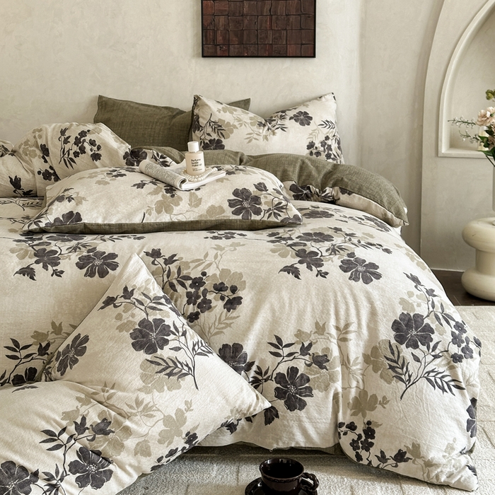 91家纺网 家纺一手货源 找家纺 桔禾家纺 2026新款提花高克重原麻复古水洗亚麻皱皱纱印花四件套 绿幸