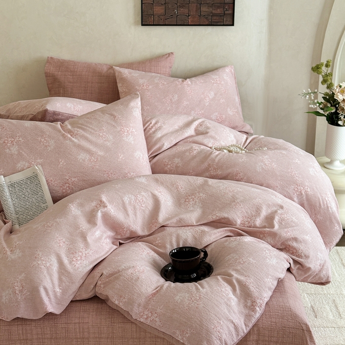 91家纺网 家纺一手货源 找家纺 桔禾家纺 2026新款提花高克重原麻复古水洗亚麻皱皱纱印花四件套 汐月