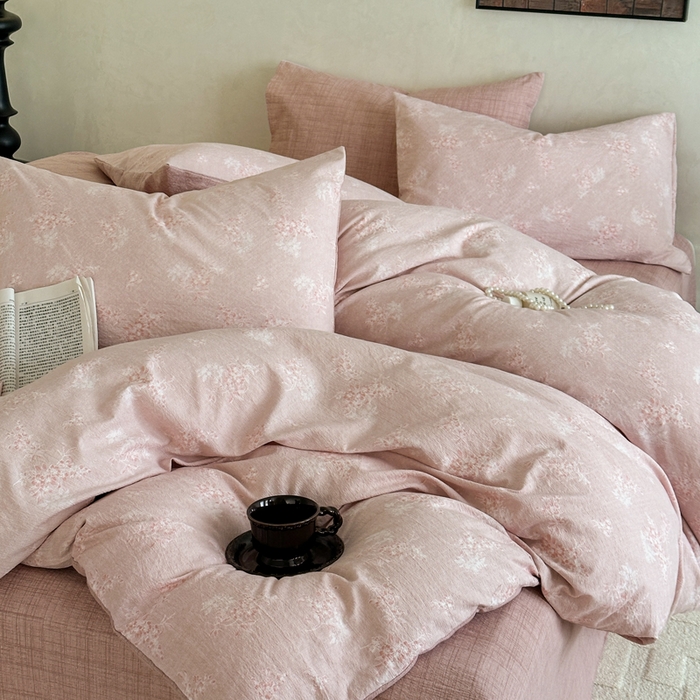 91家纺网 家纺一手货源 找家纺 桔禾家纺 2026新款提花高克重原麻复古水洗亚麻皱皱纱印花四件套 汐月