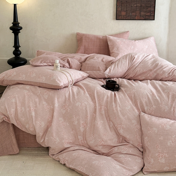 91家纺网 家纺一手货源 找家纺 桔禾家纺 2026新款提花高克重原麻复古水洗亚麻皱皱纱印花四件套 汐月