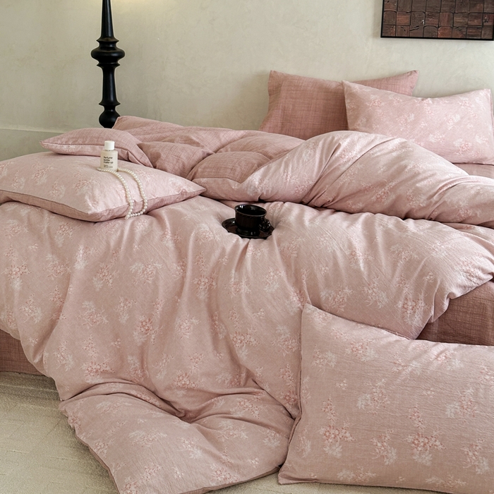 91家纺网 家纺一手货源 找家纺 桔禾家纺 2026新款提花高克重原麻复古水洗亚麻皱皱纱印花四件套 汐月