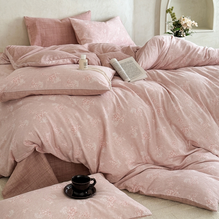 91家纺网 家纺一手货源 找家纺 桔禾家纺 2026新款提花高克重原麻复古水洗亚麻皱皱纱印花四件套 汐月