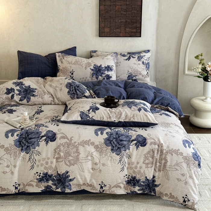 91家纺网 家纺一手货源 找家纺 桔禾家纺 2026新款提花高克重原麻复古水洗亚麻皱皱纱印花四件套 予花