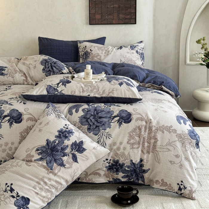 91家纺网 家纺一手货源 找家纺 桔禾家纺 2026新款提花高克重原麻复古水洗亚麻皱皱纱印花四件套 予花