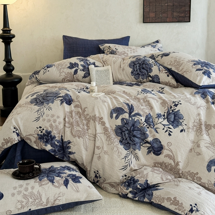 91家纺网 家纺一手货源 找家纺 桔禾家纺 2026新款提花高克重原麻复古水洗亚麻皱皱纱印花四件套 予花