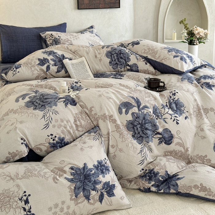 91家纺网 家纺一手货源 找家纺 桔禾家纺 2026新款提花高克重原麻复古水洗亚麻皱皱纱印花四件套 予花