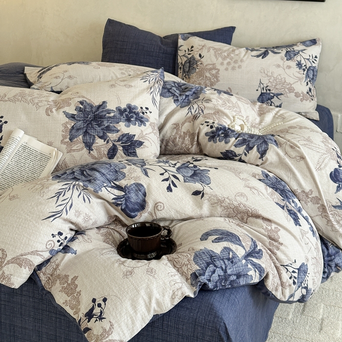 91家纺网 家纺一手货源 找家纺 桔禾家纺 2026新款提花高克重原麻复古水洗亚麻皱皱纱印花四件套 予花