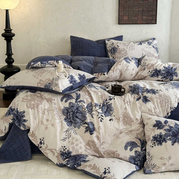 91家纺网 家纺一手货源 找家纺 桔禾家纺 2026新款提花高克重原麻复古水洗亚麻皱皱纱印花四件套 予花