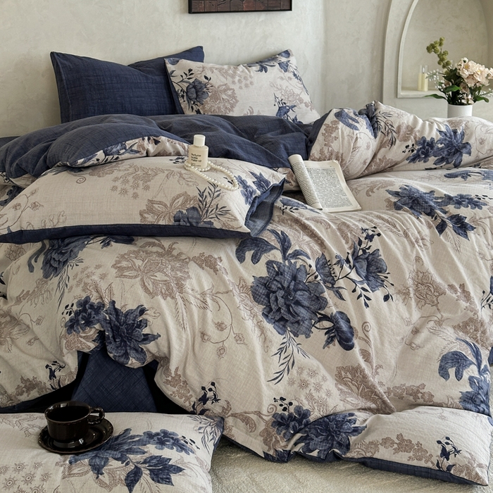 91家纺网 家纺一手货源 找家纺 桔禾家纺 2026新款提花高克重原麻复古水洗亚麻皱皱纱印花四件套 予花