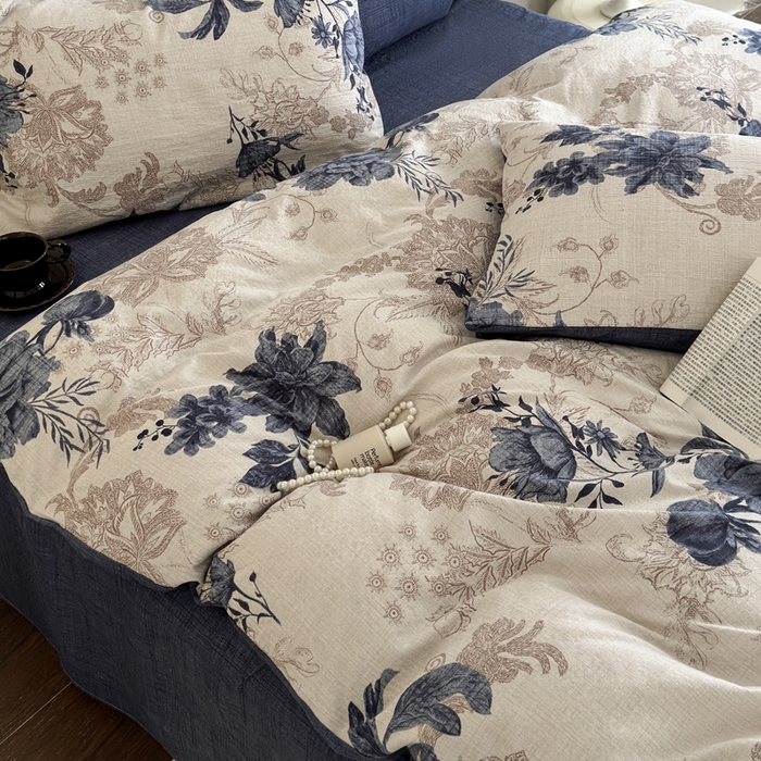 91家纺网 家纺一手货源 找家纺 桔禾家纺 2026新款提花高克重原麻复古水洗亚麻皱皱纱印花四件套 予花