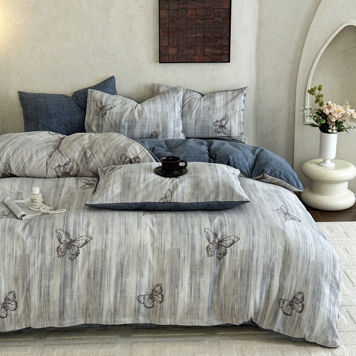 91家纺网 家纺一手货源 找家纺 桔禾家纺 2026新款提花高克重原麻复古水洗亚麻皱皱纱印花四件套 悦阁