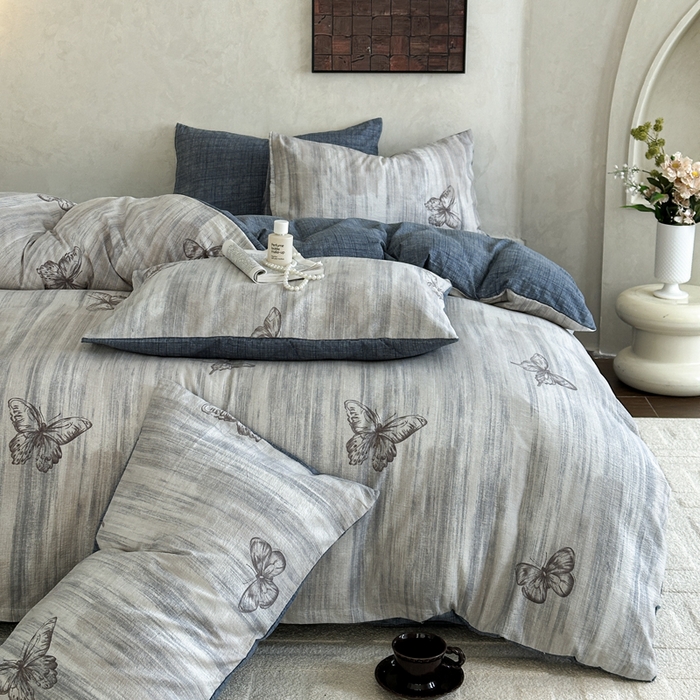 91家纺网 家纺一手货源 找家纺 桔禾家纺 2026新款提花高克重原麻复古水洗亚麻皱皱纱印花四件套 悦阁