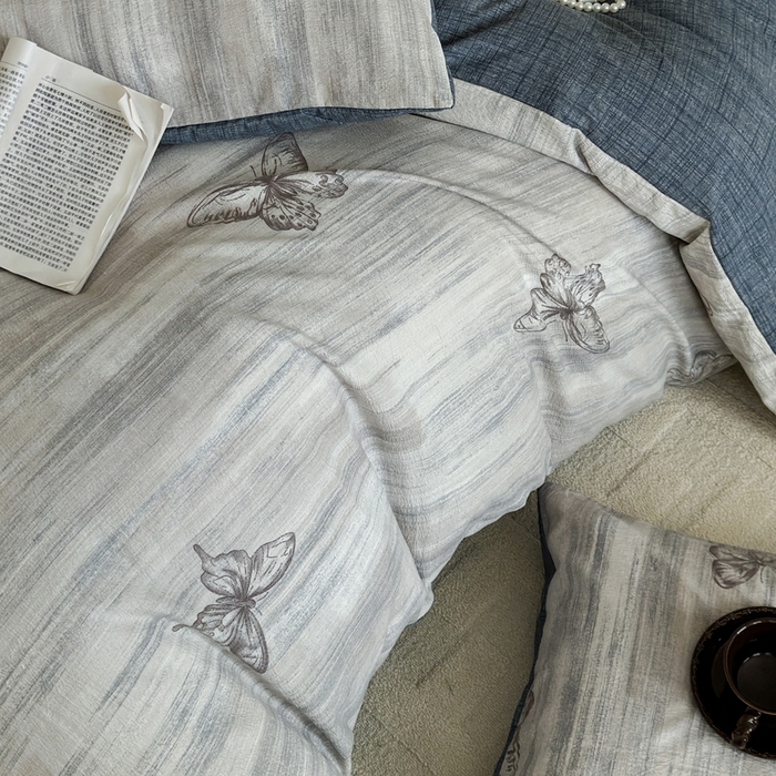 91家纺网 家纺一手货源 找家纺 桔禾家纺 2026新款提花高克重原麻复古水洗亚麻皱皱纱印花四件套 悦阁