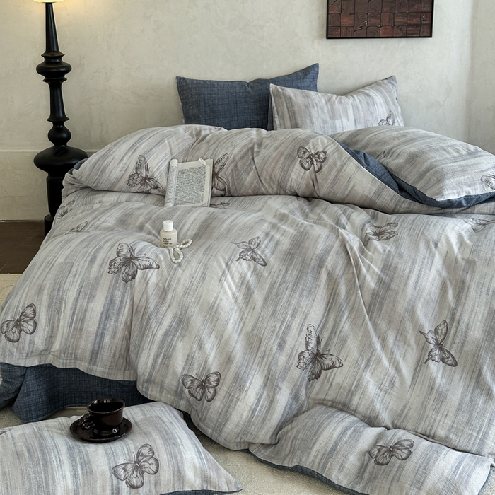 91家纺网 家纺一手货源 找家纺 桔禾家纺 2026新款提花高克重原麻复古水洗亚麻皱皱纱印花四件套 悦阁