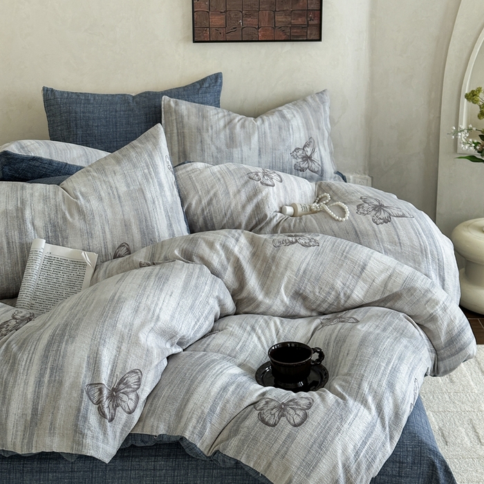 91家纺网 家纺一手货源 找家纺 桔禾家纺 2026新款提花高克重原麻复古水洗亚麻皱皱纱印花四件套 悦阁