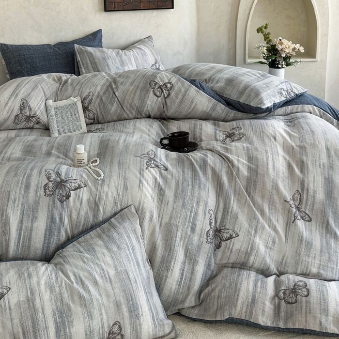 91家纺网 家纺一手货源 找家纺 桔禾家纺 2026新款提花高克重原麻复古水洗亚麻皱皱纱印花四件套 悦阁