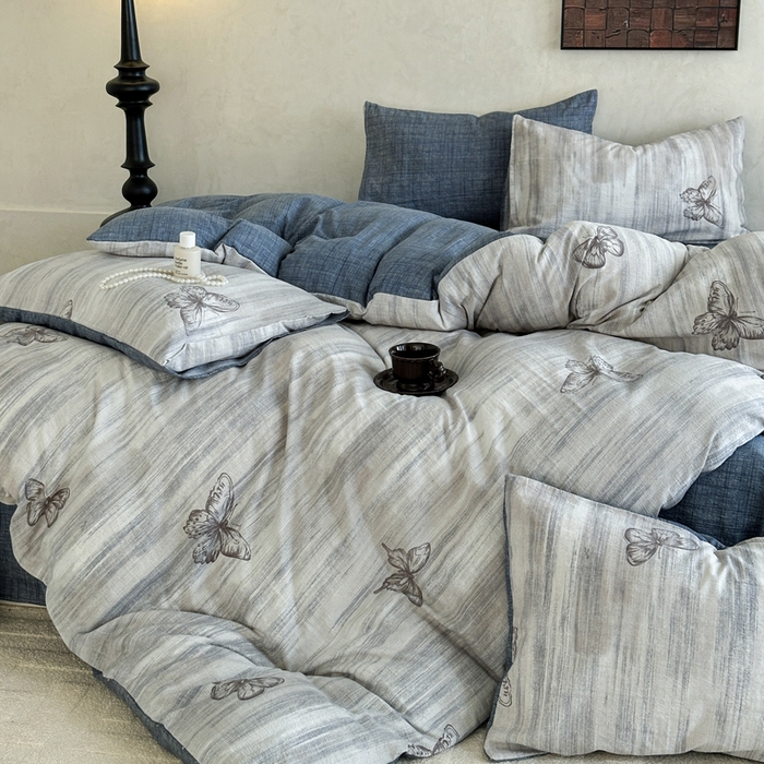 91家纺网 家纺一手货源 找家纺 桔禾家纺 2026新款提花高克重原麻复古水洗亚麻皱皱纱印花四件套 悦阁