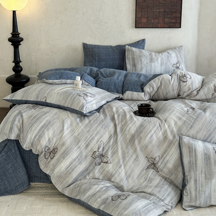 91家纺网 家纺一手货源 找家纺 桔禾家纺 2026新款提花高克重原麻复古水洗亚麻皱皱纱印花四件套 悦阁