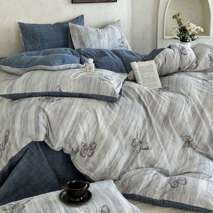 91家纺网 家纺一手货源 找家纺 桔禾家纺 2026新款提花高克重原麻复古水洗亚麻皱皱纱印花四件套 悦阁