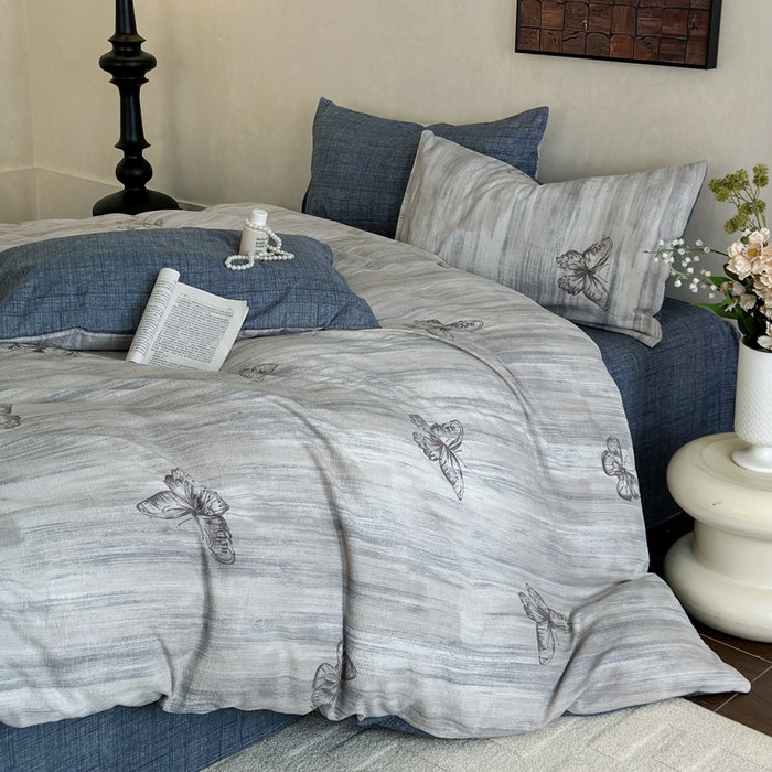 91家纺网 家纺一手货源 找家纺 桔禾家纺 2026新款提花高克重原麻复古水洗亚麻皱皱纱印花四件套 悦阁