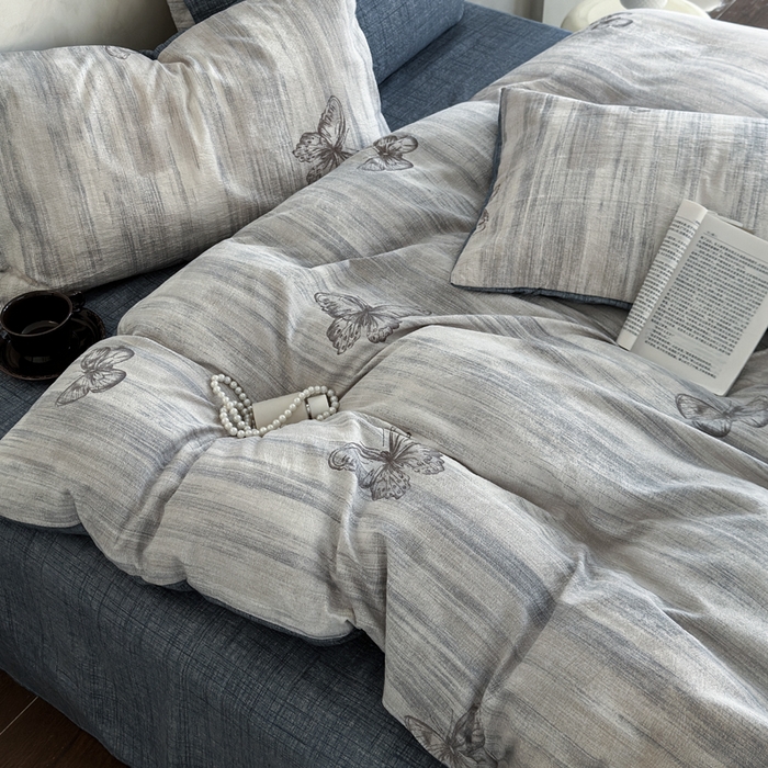 91家纺网 家纺一手货源 找家纺 桔禾家纺 2026新款提花高克重原麻复古水洗亚麻皱皱纱印花四件套 悦阁