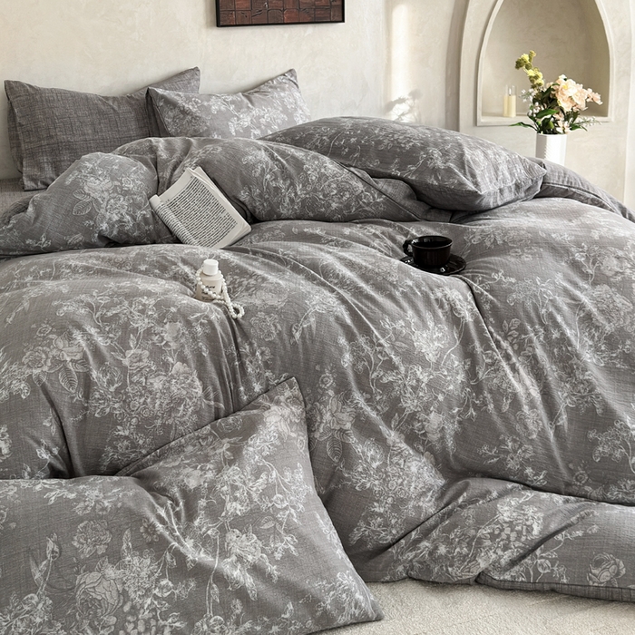 91家纺网 家纺一手货源 找家纺 桔禾家纺 2026新款提花高克重原麻复古水洗亚麻皱皱纱印花四件套 云润