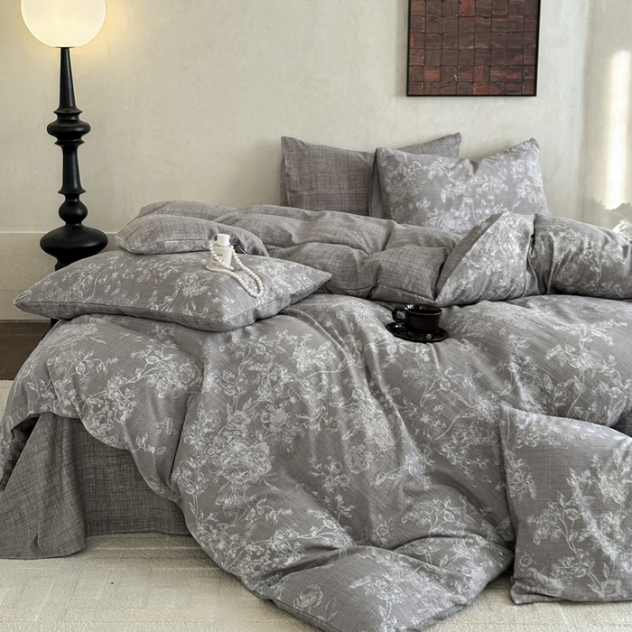 91家纺网 家纺一手货源 找家纺 桔禾家纺 2026新款提花高克重原麻复古水洗亚麻皱皱纱印花四件套 云润