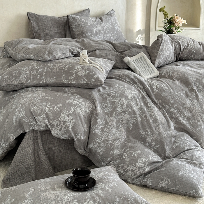 91家纺网 家纺一手货源 找家纺 桔禾家纺 2026新款提花高克重原麻复古水洗亚麻皱皱纱印花四件套 云润