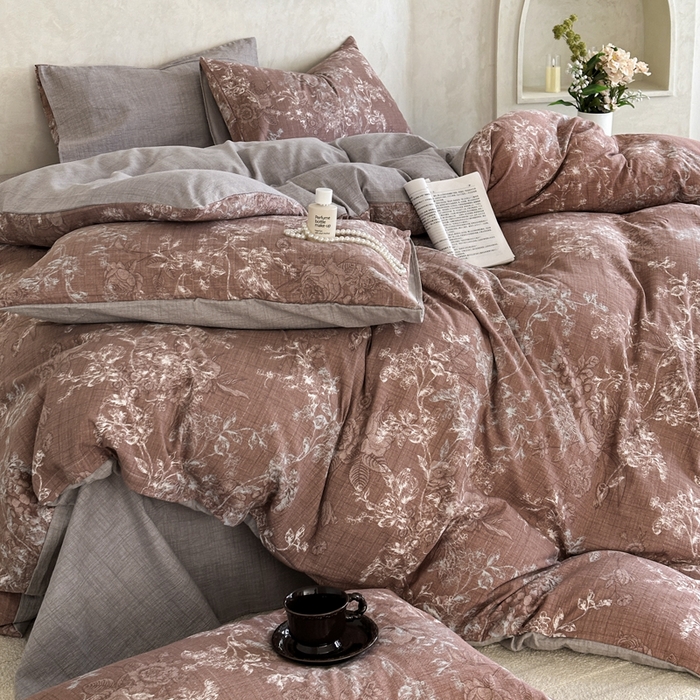 91家纺网 家纺一手货源 找家纺 桔禾家纺 2026新款提花高克重原麻复古水洗亚麻皱皱纱印花四件套 韵雅