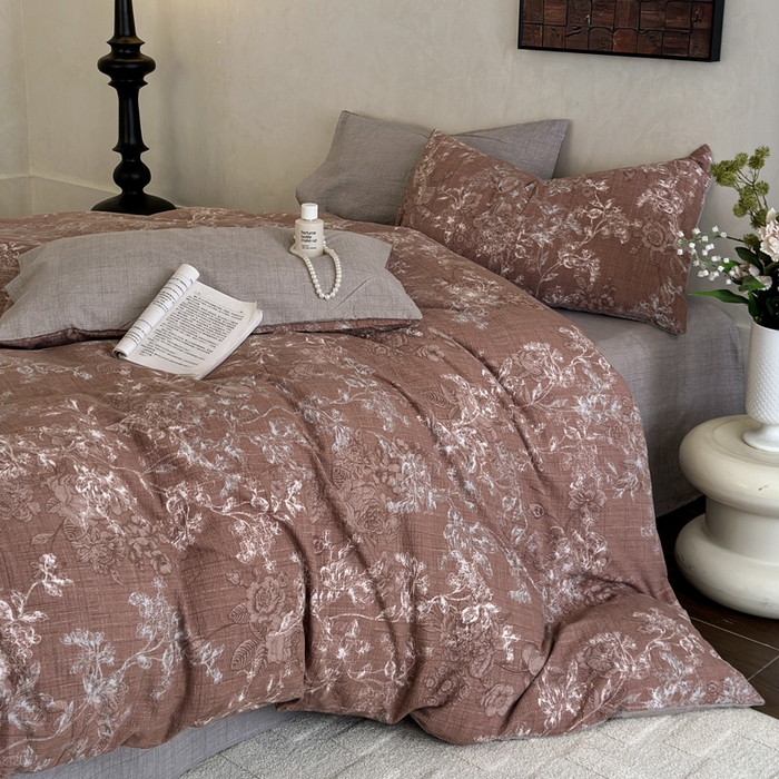 91家纺网 家纺一手货源 找家纺 桔禾家纺 2026新款提花高克重原麻复古水洗亚麻皱皱纱印花四件套 韵雅