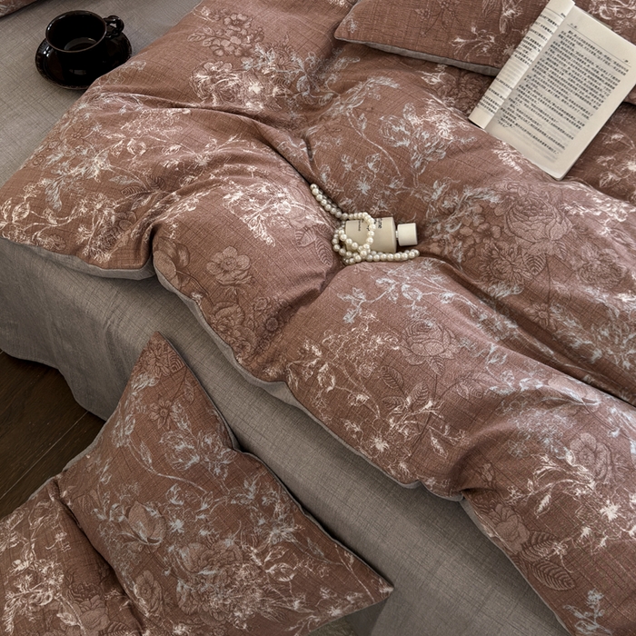 91家纺网 家纺一手货源 找家纺 桔禾家纺 2026新款提花高克重原麻复古水洗亚麻皱皱纱印花四件套 韵雅