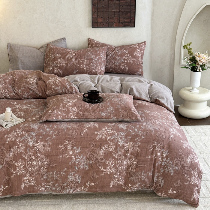 91家纺网 家纺一手货源 找家纺 桔禾家纺 2026新款提花高克重原麻复古水洗亚麻皱皱纱印花四件套 韵雅