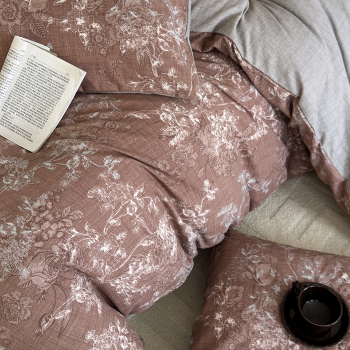 91家纺网 家纺一手货源 找家纺 桔禾家纺 2026新款提花高克重原麻复古水洗亚麻皱皱纱印花四件套 韵雅