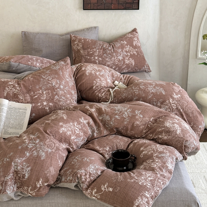 91家纺网 家纺一手货源 找家纺 桔禾家纺 2026新款提花高克重原麻复古水洗亚麻皱皱纱印花四件套 韵雅