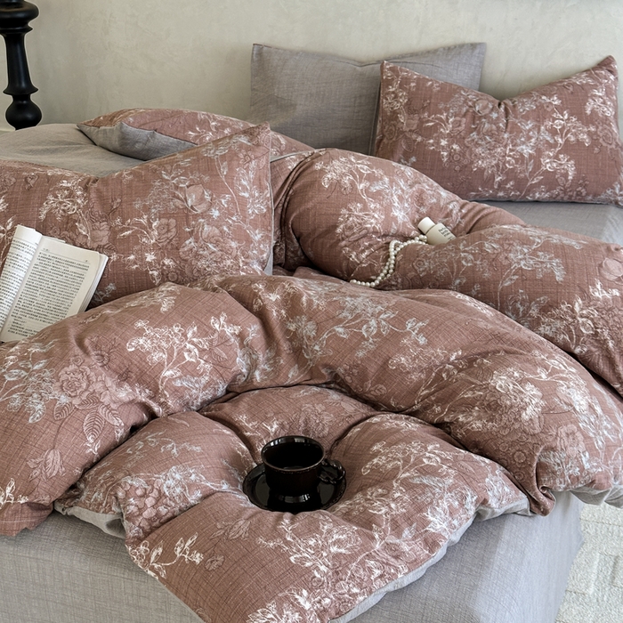 91家纺网 家纺一手货源 找家纺 桔禾家纺 2026新款提花高克重原麻复古水洗亚麻皱皱纱印花四件套 韵雅