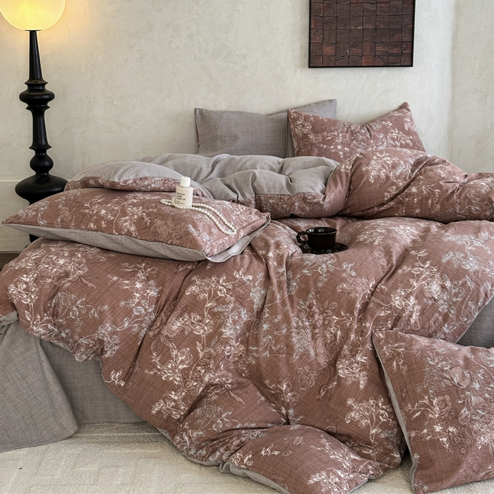 91家纺网 家纺一手货源 找家纺 桔禾家纺 2026新款提花高克重原麻复古水洗亚麻皱皱纱印花四件套 韵雅