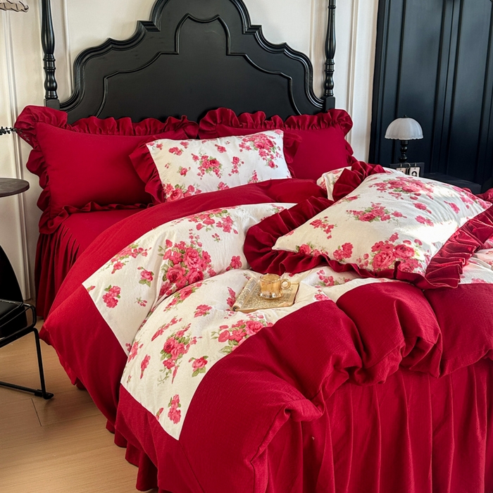 91家纺网 家纺一手货源 找家纺 （总）贝凯瑞 2026仿棉皱皱纱双层纱木棉仿棉水洗棉喜庆浪漫大红四件套-锦绣