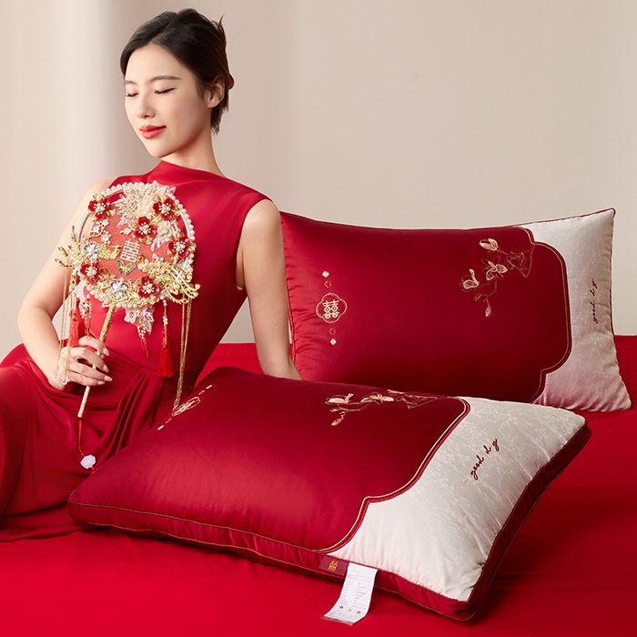 （总）昕科 2026新款玉兰喜事婚庆枕-大红婚庆喜庆枕芯刺绣结婚枕头