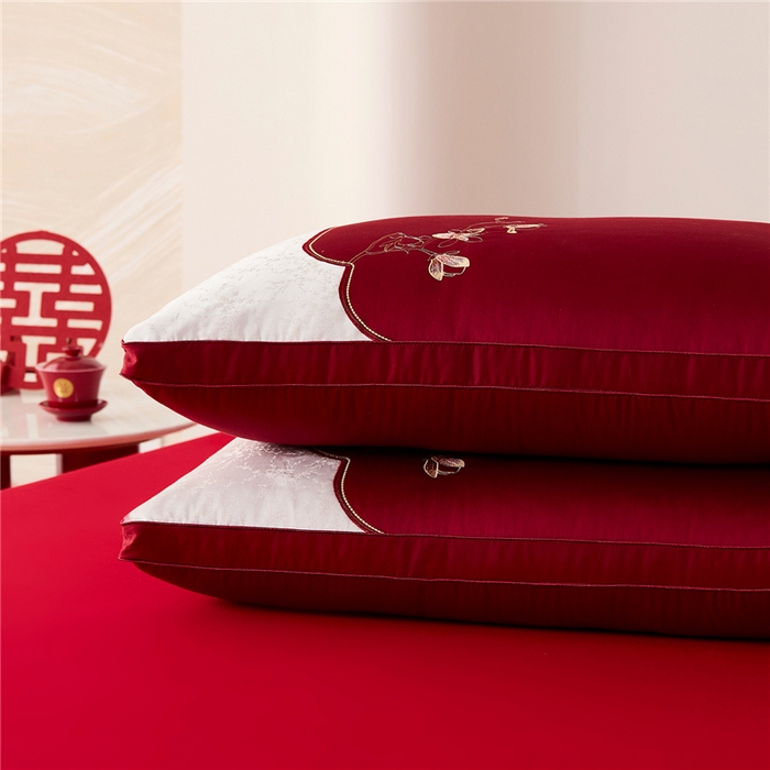 91家纺网 家纺一手货源 找家纺 昕科 2026新款玉兰喜事婚庆枕-大红婚庆喜庆枕芯刺绣结婚枕头 玉兰喜事-高枕/一对装