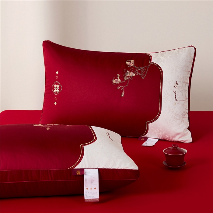 91家纺网 家纺一手货源 找家纺 昕科 2026新款玉兰喜事婚庆枕-大红婚庆喜庆枕芯刺绣结婚枕头 玉兰喜事-高枕/一对装