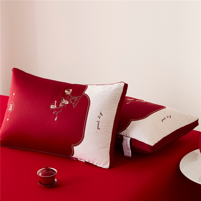 91家纺网 家纺一手货源 找家纺 昕科 2026新款玉兰喜事婚庆枕-大红婚庆喜庆枕芯刺绣结婚枕头 玉兰喜事-高枕/一只装