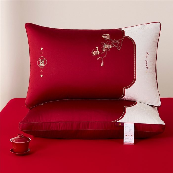 91家纺网 家纺一手货源 找家纺 昕科 2026新款玉兰喜事婚庆枕-大红婚庆喜庆枕芯刺绣结婚枕头 玉兰喜事-高枕/一只装