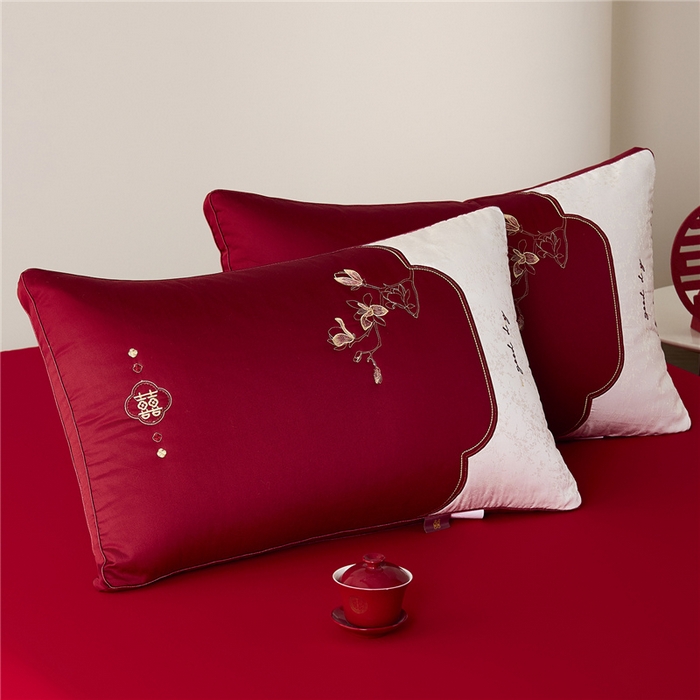 91家纺网 家纺一手货源 找家纺 昕科 2026新款玉兰喜事婚庆枕-大红婚庆喜庆枕芯刺绣结婚枕头 玉兰喜事-高枕/一对装