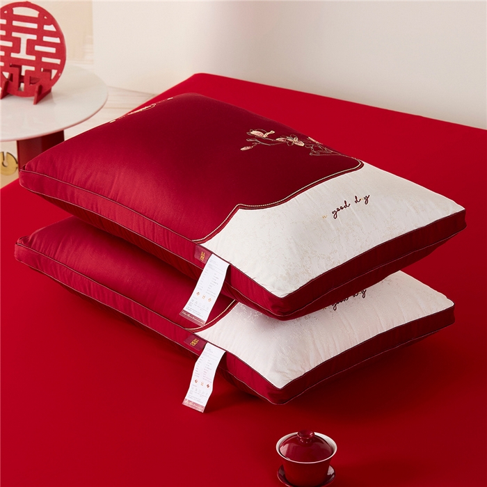 91家纺网 家纺一手货源 找家纺 昕科 2026新款玉兰喜事婚庆枕-大红婚庆喜庆枕芯刺绣结婚枕头 玉兰喜事-高枕/一只装