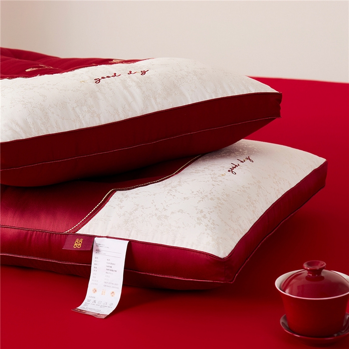 91家纺网 家纺一手货源 找家纺 昕科 2026新款玉兰喜事婚庆枕-大红婚庆喜庆枕芯刺绣结婚枕头 玉兰喜事-高枕/一只装